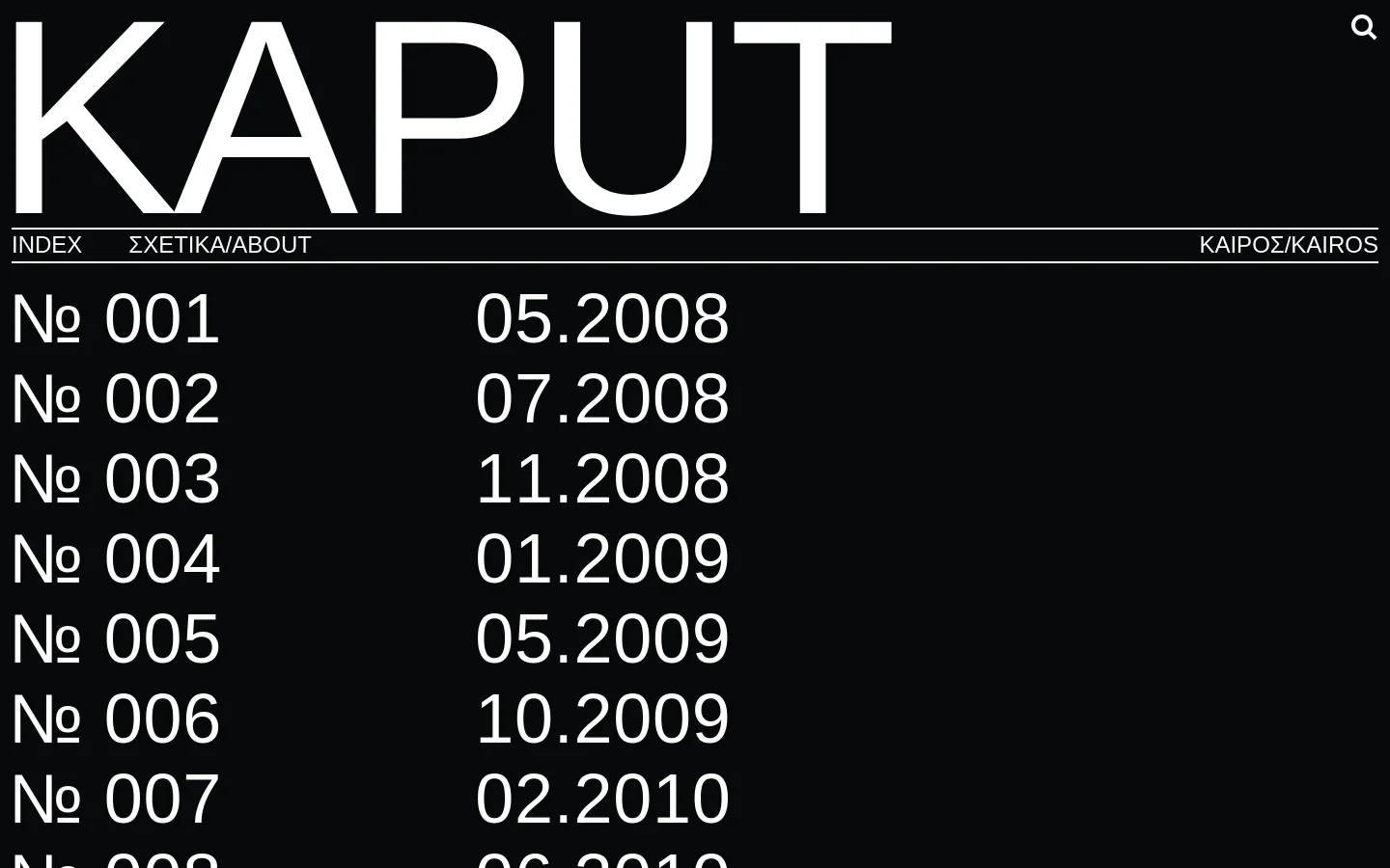 The KAPUT homepage features a minimalist black background with large white sans-serif typography. A header contains the brand name 'KAPUT' in massive letters, a search icon, and a navigation bar with links for 'INDEX', 'ΣΧΕΤΙΚΑ/ABOUT', and 'ΚΑΙΡΟΣ/KAIROS'. Below, a vertical list displays archive issue numbers and their corresponding dates, such as '№ 001 05.2008'.