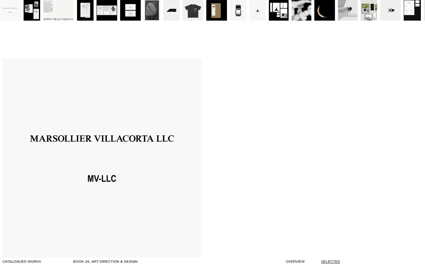 A minimalist portfolio page featuring a clean white background with large, high-quality project images arranged in a vertical scroll. The text 'MARSOLLIER VILLACORTA LLC' and 'MV-LLC' is displayed in a large, black serif font, and a simple navigation menu at the bottom includes links for 'OVERVIEW', 'SELECTED', and 'BOOK 26'.