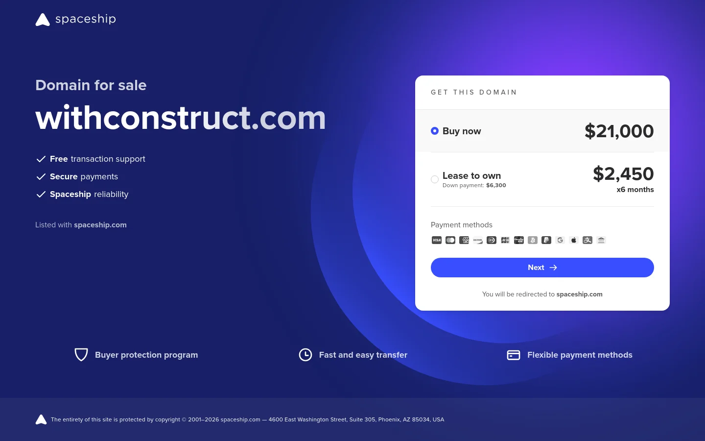 A dark blue landing page for the domain withconstruct.com for sale. The layout features a large headline on the left and a white purchase card on the right containing 'Buy now' for $21,000 and 'Lease to own' options, followed by a blue 'Next' button and various payment method icons.