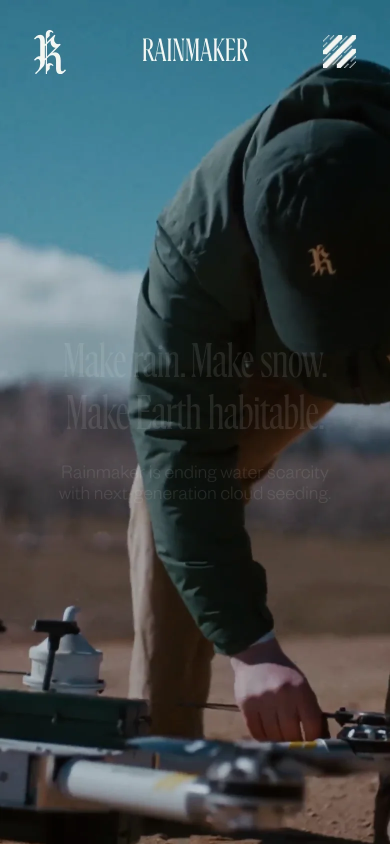 The mobile version presents a vertically stacked layout optimized for small screens. The hero section features a full-bleed image of a person working with equipment, with the primary headline and subtext overlaid centrally. Navigation is condensed into a simplified header with a logo and a hamburger menu icon.