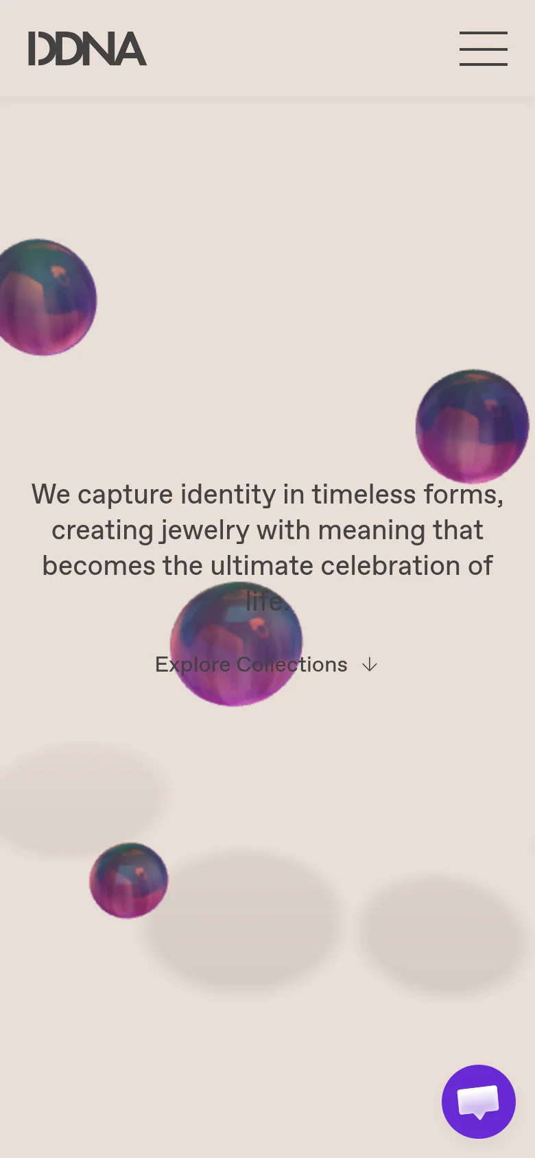 The mobile version simplifies the layout, replacing the top navigation bar with a hamburger menu icon on the right. The central hero text and iridescent bubble imagery are scaled for a vertical screen, maintaining the same beige color palette and 'Explore Collections' button. A purple chat icon is visible in the bottom right corner.