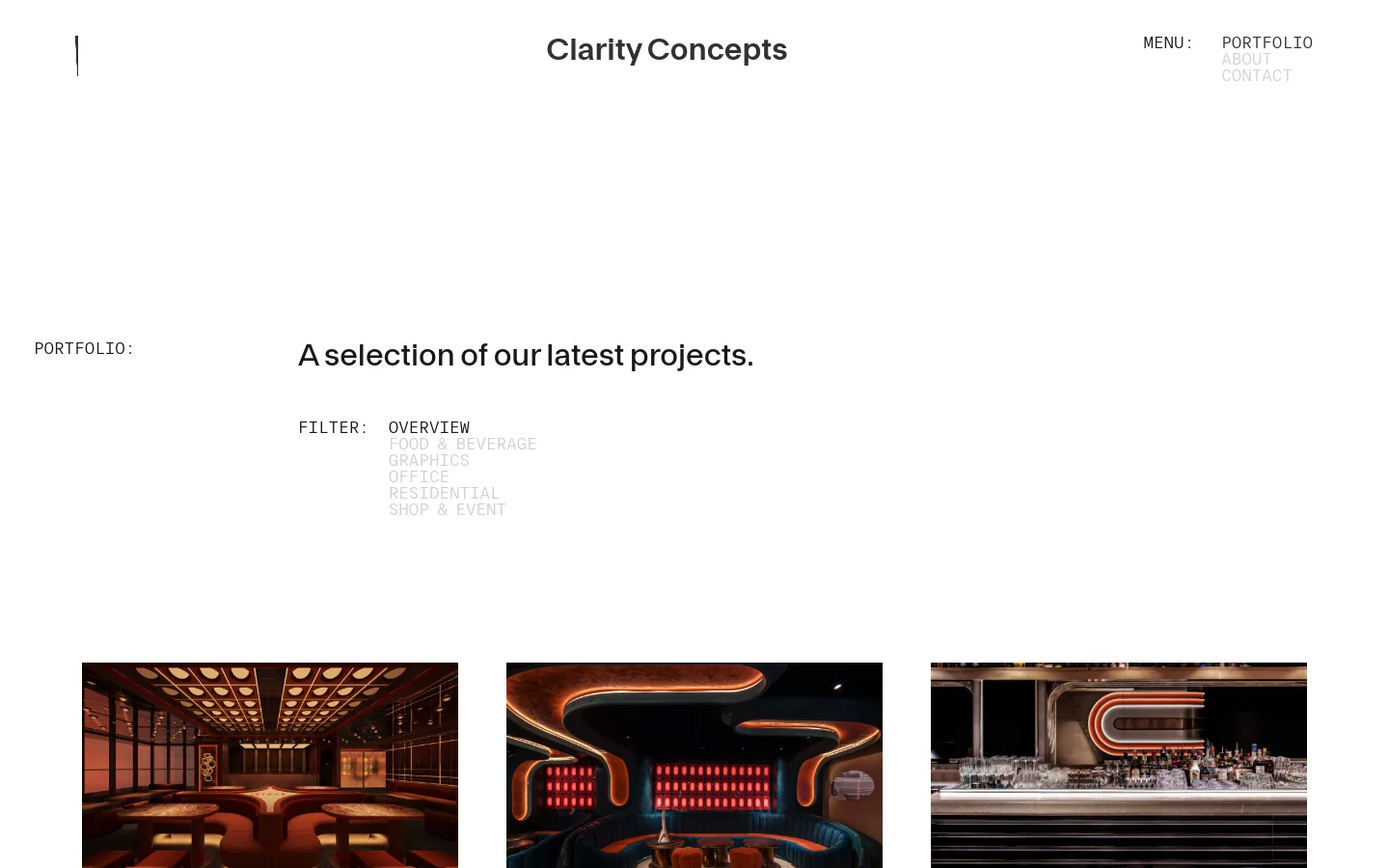 Clarity Concepts portfolio page featuring a minimalist design with large typography and a white background. A project grid displays interior design photography for hospitality sectors, including Ambar and Ripples, with text labels for sector and square footage.