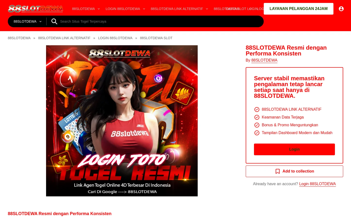 The desktop homepage features a bright red header with the 88SLOTDEWA logo, a search bar, and navigation menus. A large hero section displays a vibrant promotional banner of a woman against a colorful background, next to a headline and a red 'Login' call-to-action button. The layout is wide with a clean white background for the text content below the hero area.