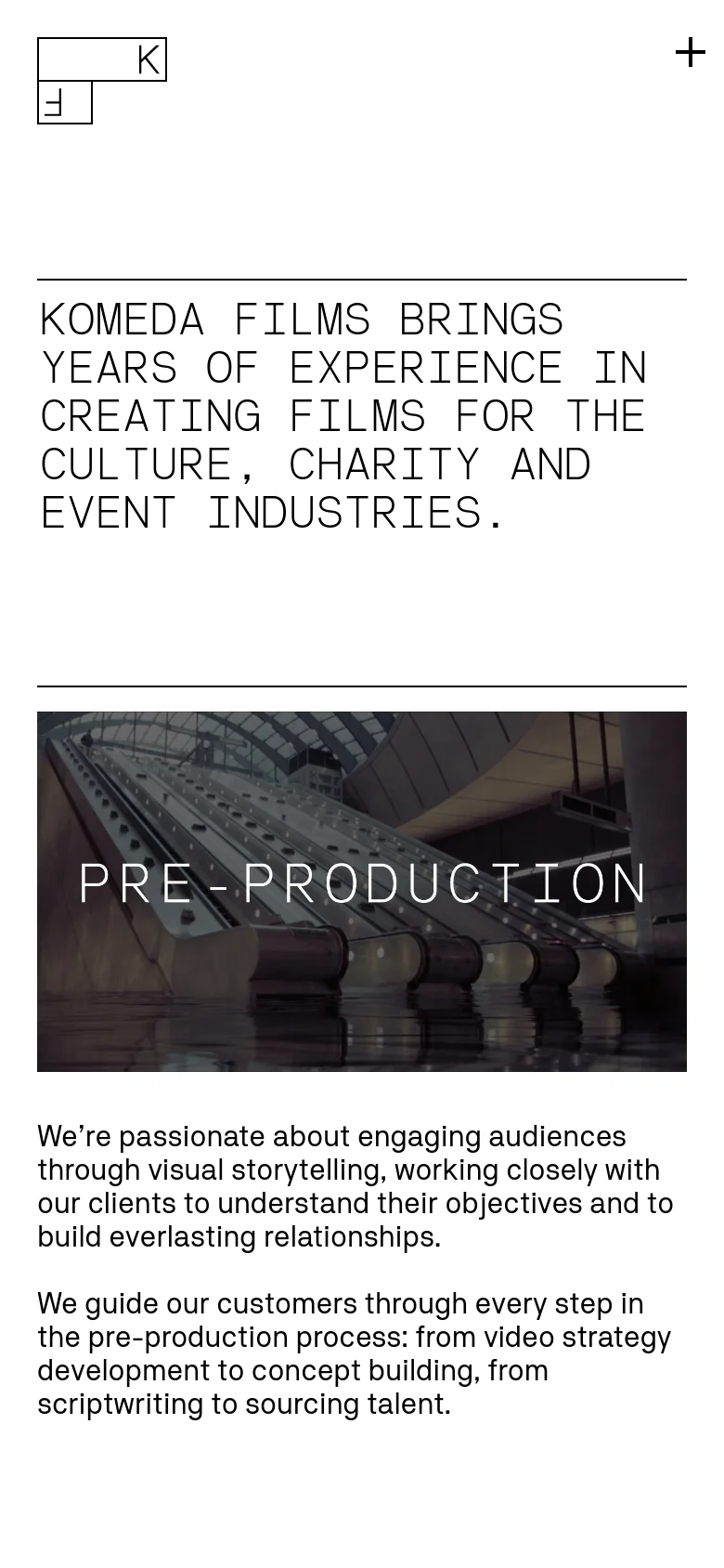 The mobile version uses a single-column vertical layout. The large headline is followed by full-width cinematic images with overlaid text, with all descriptive text blocks positioned directly underneath each image instead of to the side.