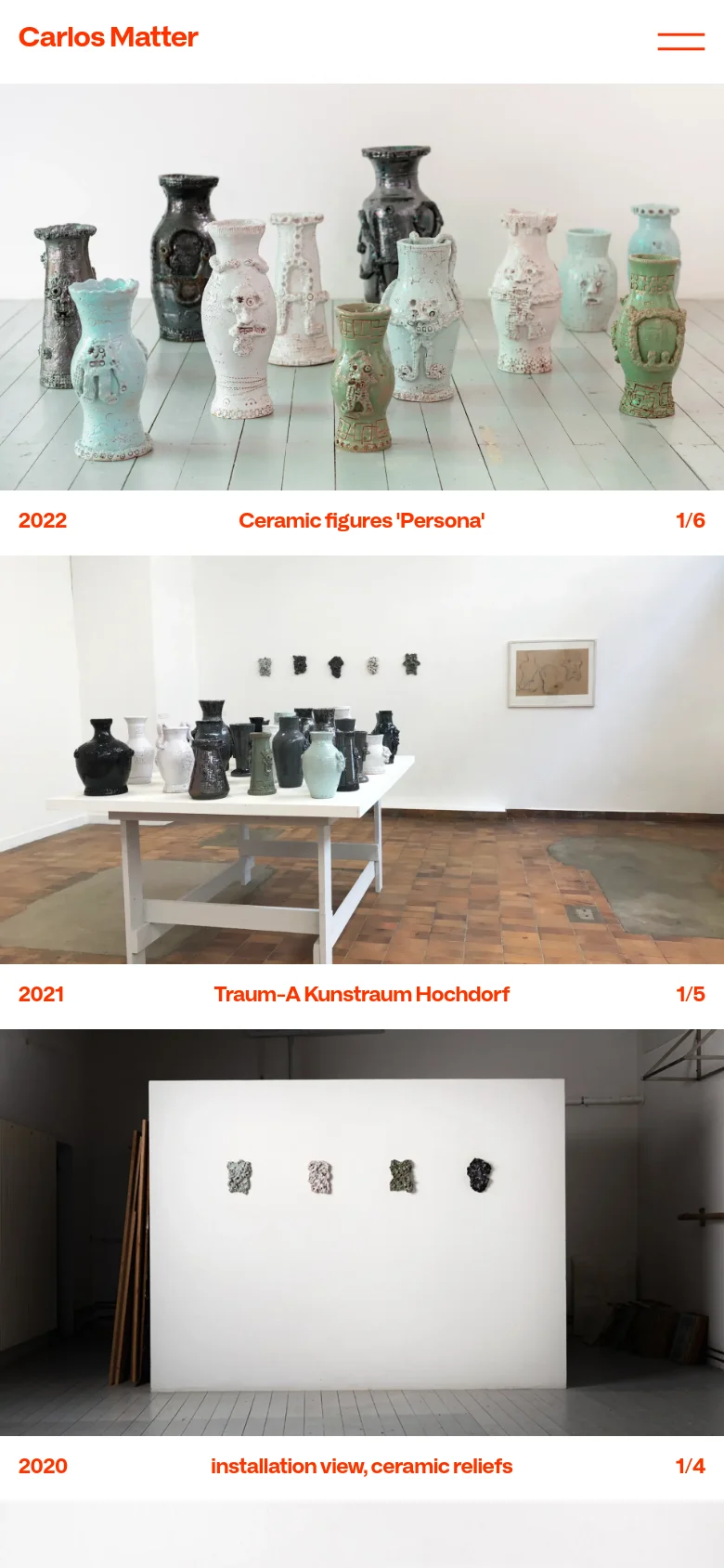The mobile version presents a single-column vertical scroll of the artist's work, with large ceramic sculpture images stacked on top of each other. The header is simplified with the artist's name on the left and a red hamburger menu icon on the right for navigation.
