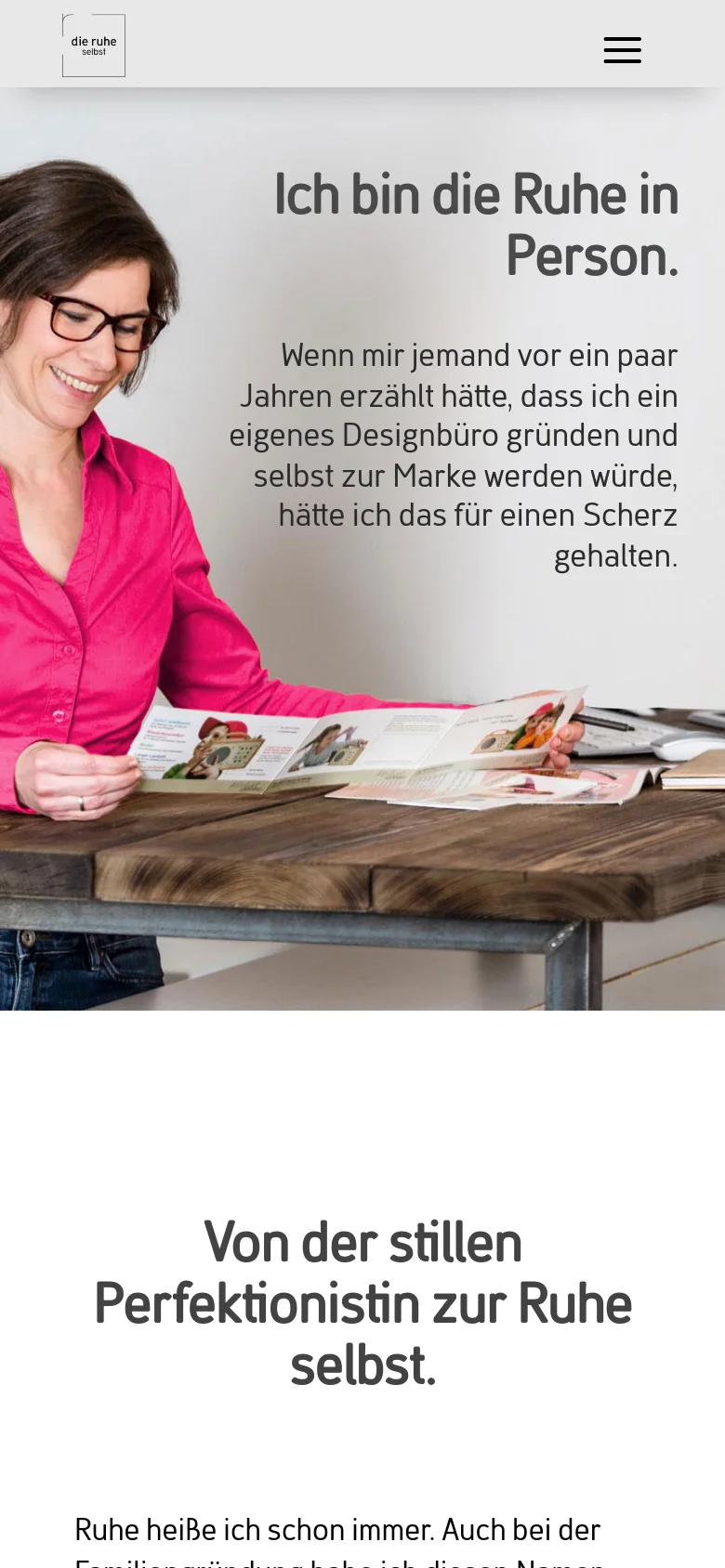 Mobile version of the page with a simplified layout. The navigation is condensed into a hamburger menu icon on the right, while the logo remains on the left. The hero section features the same image of the woman in a pink shirt and the large headline, but the text is stacked vertically to fit the narrower screen width.