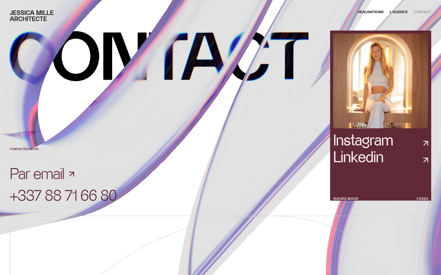 The desktop contact page features a large, stylized 'CONTACT' headline over an abstract background of flowing purple and blue lines. On the right, a vertical rectangular card displays a photo of a woman in a lit architectural niche, with links to Instagram and Linkedin below. Contact details including an email link and phone number are prominently displayed on the left side of the white background.