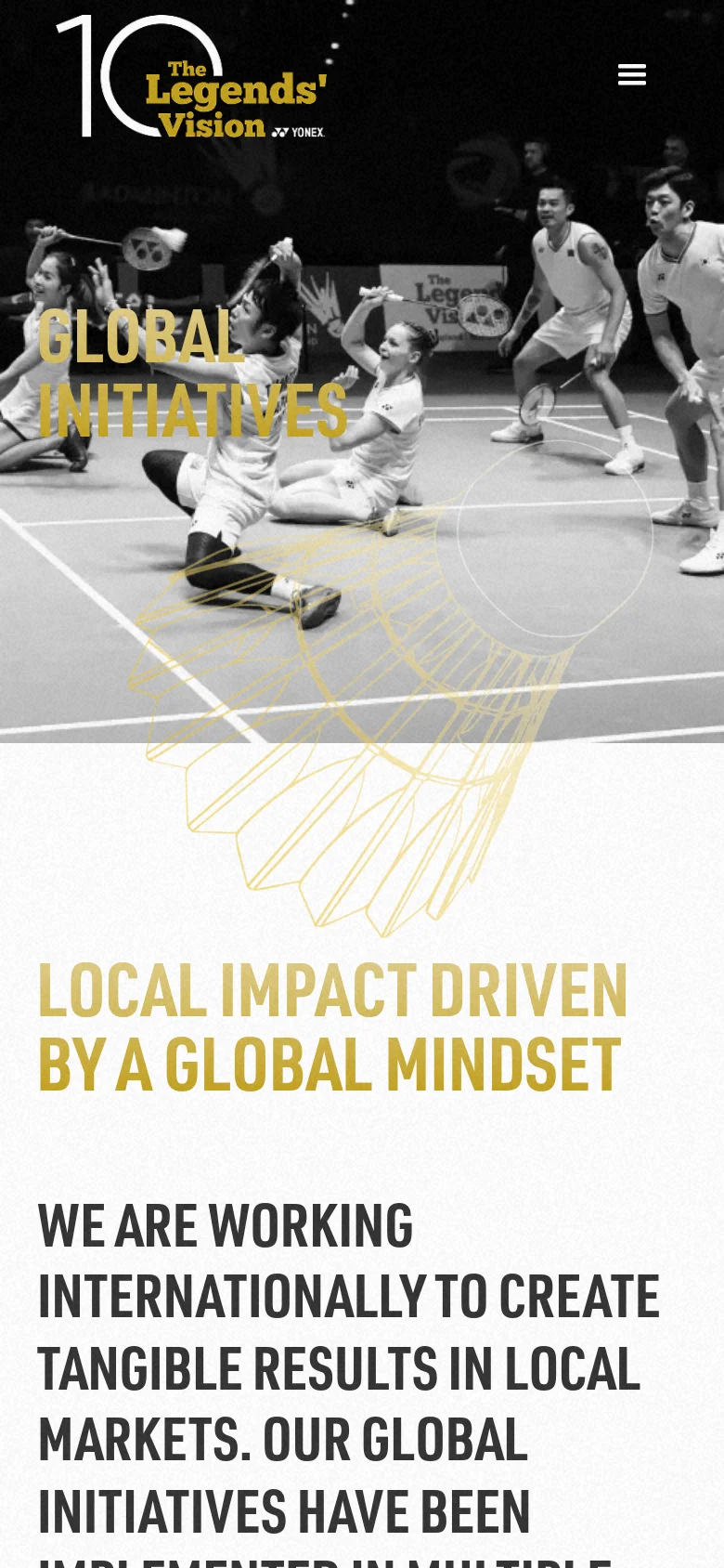 The mobile version presents a vertically stacked layout, beginning with a condensed black and white hero image featuring the 'GLOBAL INITIATIVES' headline and yellow shuttlecock graphic. The navigation is simplified into a hamburger menu icon at the top right, and the text content below is scaled for vertical scrolling on a narrow screen.