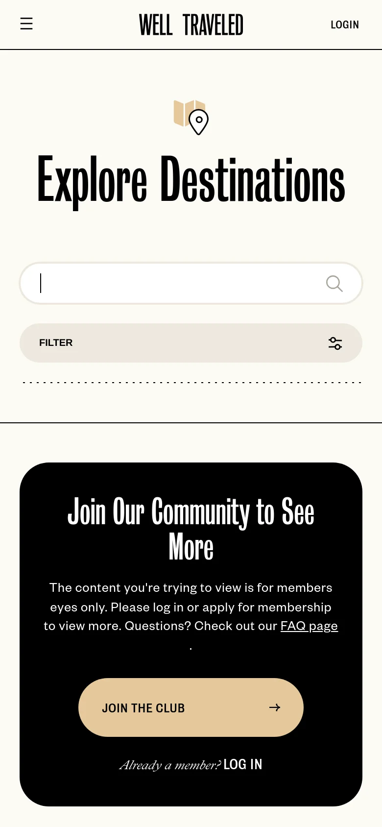 The mobile version maintains the minimalist white and black color scheme but uses a stacked layout. The 'Explore Destinations' headline and search bar are centered, followed by a single 'Filter' button that spans the width of the screen. The black membership call-to-action section at the bottom is condensed to fit the narrower viewport.