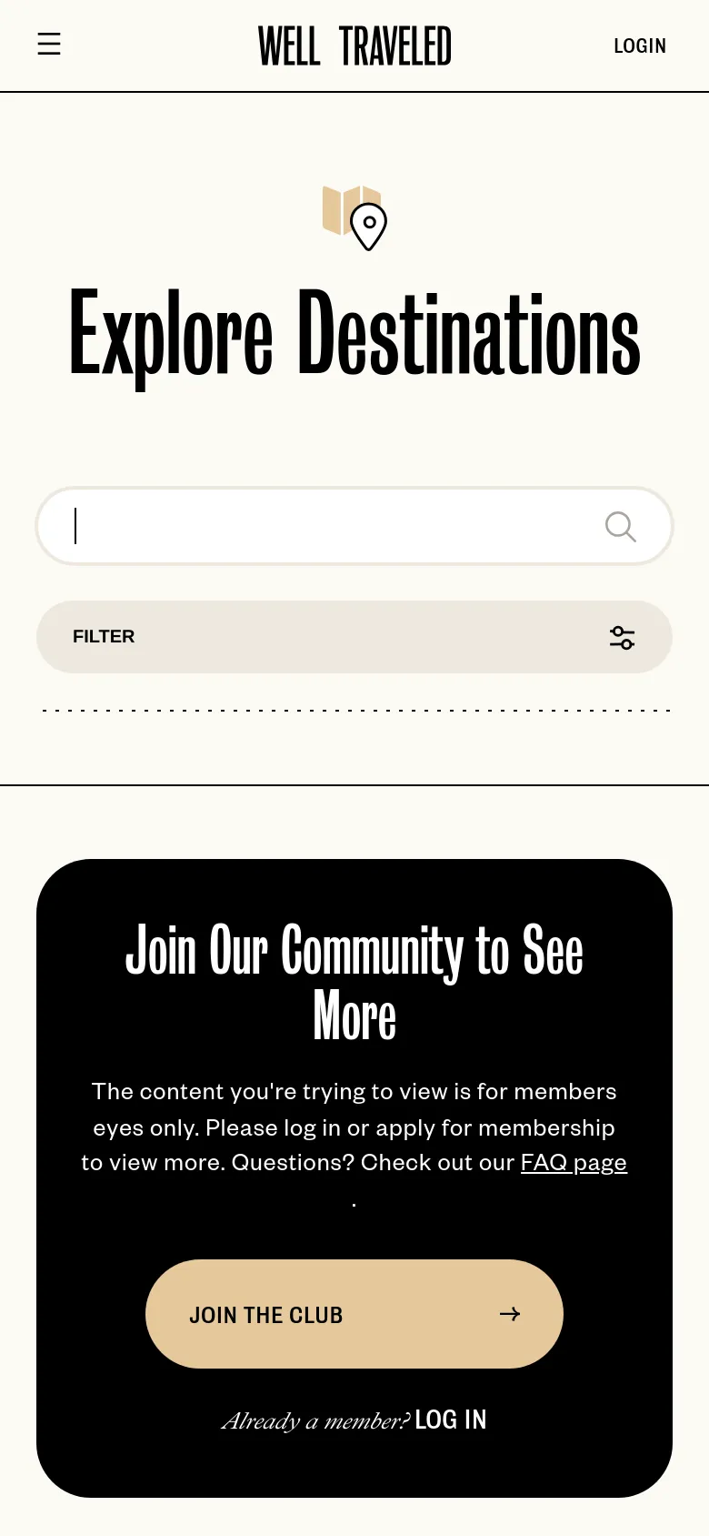 The mobile version maintains the minimalist white and black color scheme but uses a stacked layout. The 'Explore Destinations' headline and search bar are centered, followed by a single 'Filter' button that spans the width of the screen. The black membership call-to-action section at the bottom is condensed to fit the narrower viewport.