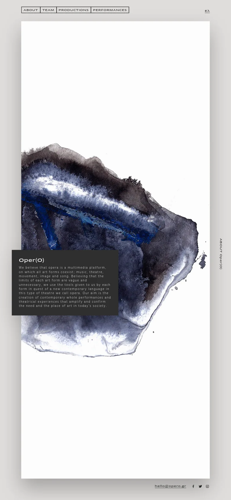 The mobile version maintains the same minimalist aesthetic but uses a vertical layout. The abstract blue and black watercolor image dominates the center of the screen, with the 'Oper(O)' headline and text box positioned lower down. The navigation menu and contact footer are condensed to fit the narrow screen width.