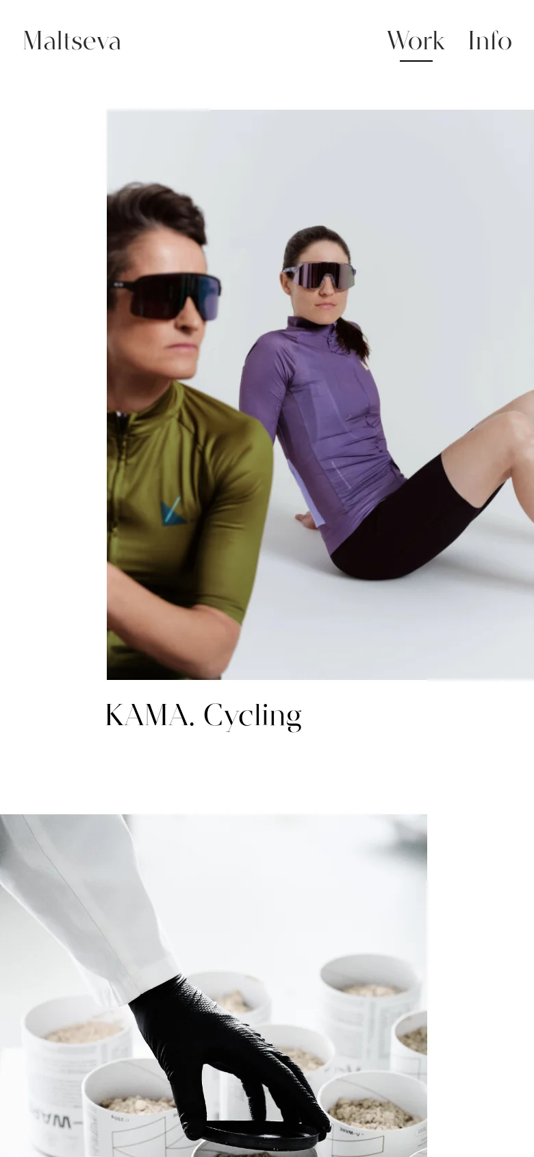 The mobile version maintains the minimalist white aesthetic but transitions to a single-column vertical scroll. The navigation links are condensed at the top, and the project images and headlines are stacked vertically for easier scrolling on a smaller screen.