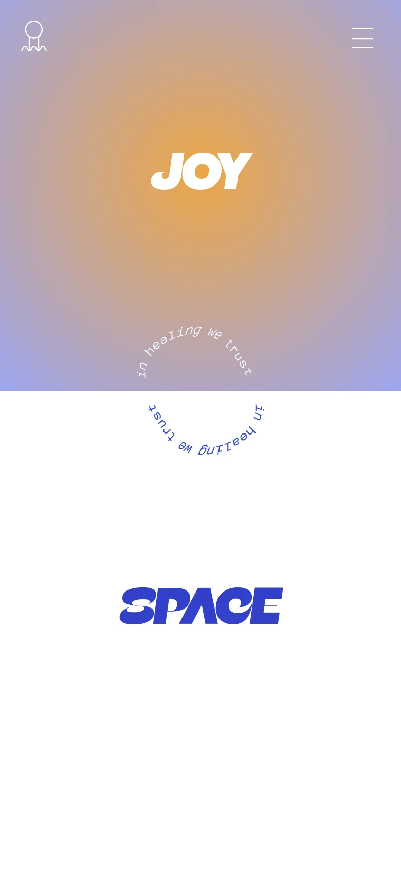 The mobile version displays a full-screen gradient background with the word 'JOY' centered in white. A hamburger menu icon is located in the top right, and the layout is simplified into a single vertical column, focusing on the central brand typography.
