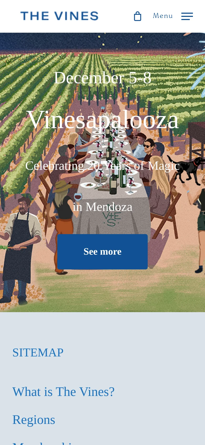 The mobile version displays the same vibrant vineyard illustration, but the text and 'See more' button are scaled to fit the vertical screen. The top navigation is condensed into a 'Menu' label next to a hamburger icon, and the bottom of the page shows a light grey footer with links for Sitemap, What is The Vines?, and Regions.