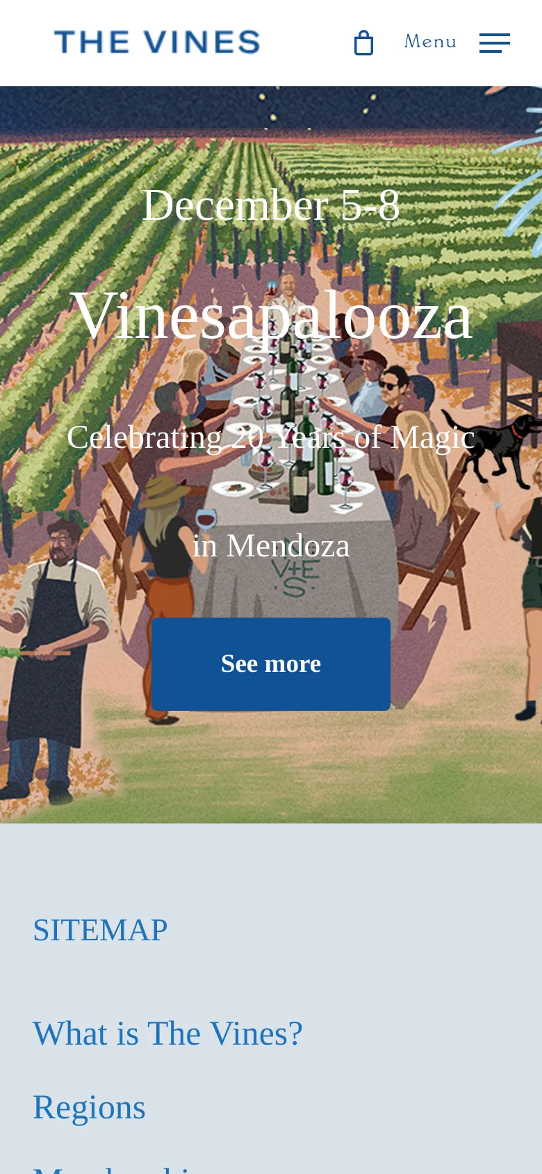 The mobile version displays the same vibrant vineyard illustration, but the text and 'See more' button are scaled to fit the vertical screen. The top navigation is condensed into a 'Menu' label next to a hamburger icon, and the bottom of the page shows a light grey footer with links for Sitemap, What is The Vines?, and Regions.