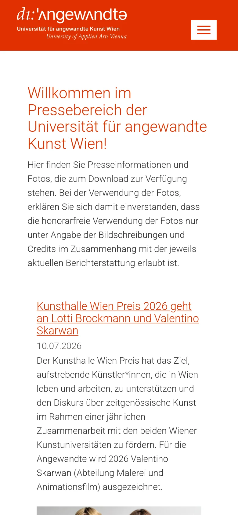 The mobile version uses a simplified layout with a large orange header containing the logo and a hamburger menu icon for navigation. The content is stacked vertically, showing the welcome message and press releases in a single column, with images appearing below or beside the text to maximize readability on a narrow screen.