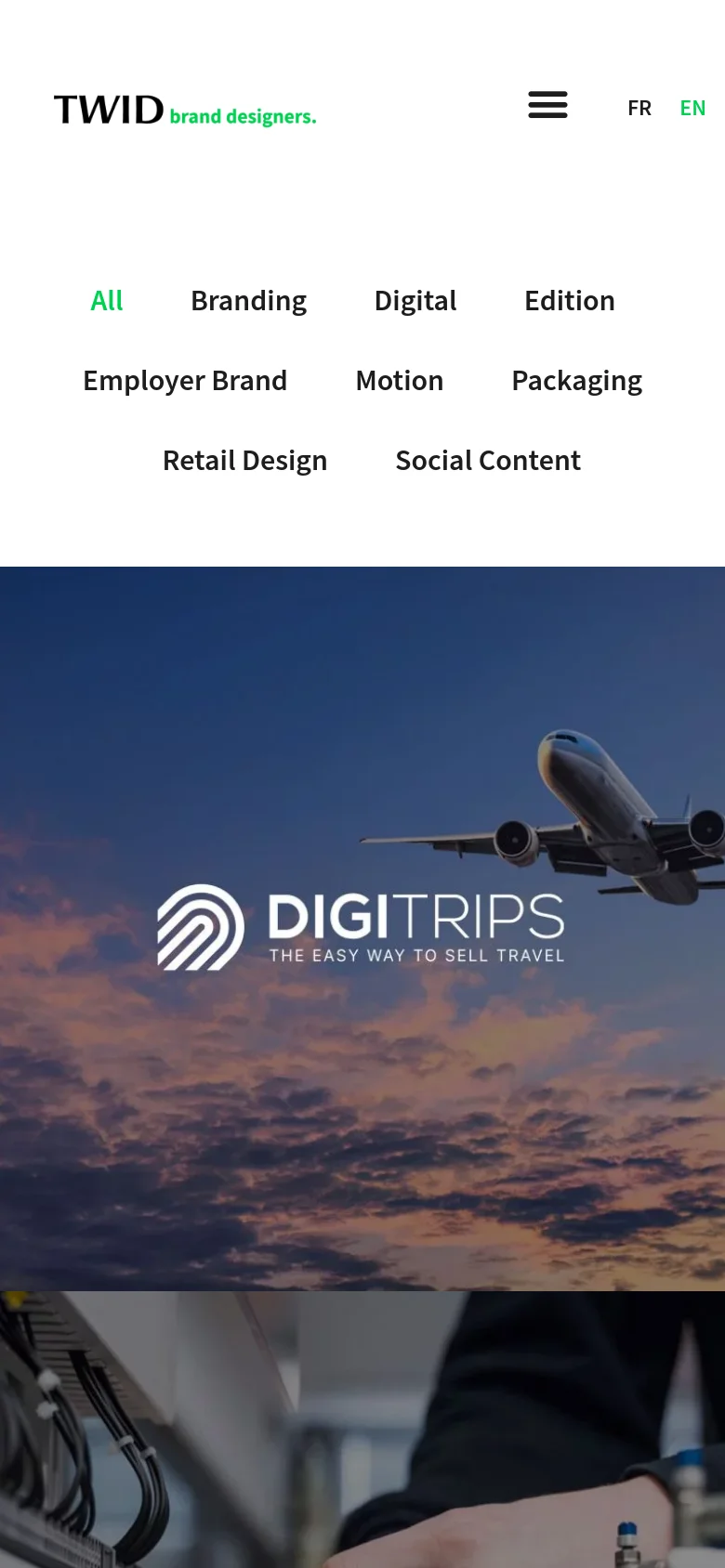 The mobile version simplifies the layout with a hamburger menu icon and language selectors in the header. The project category filters are rearranged into a multi-line grid, and the large 'DIGITRIPS' hero image spans the full width of the screen below the menu.
