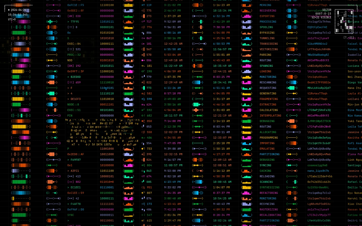 A dark, terminal-style interface featuring a complex grid of technical data, ASCII art, and monochromatic symbols. The layout consists of multiple columns of hexadecimal codes, timestamps, progress bars, and status indicators like 'merging' and 'optimizing' against a black background with neon accents.