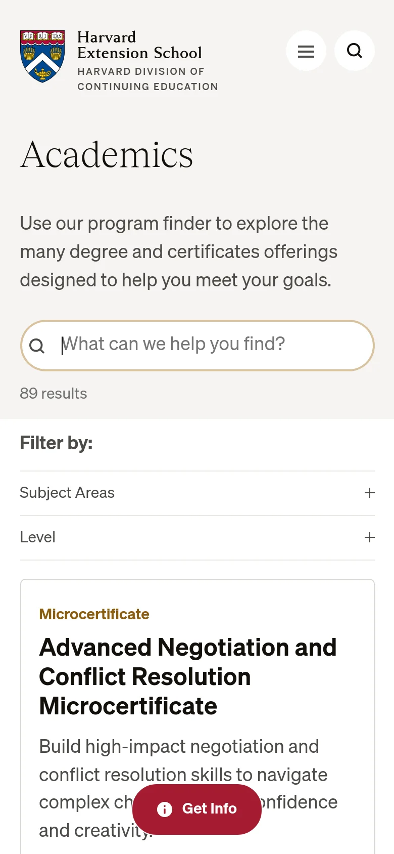 The mobile version presents a simplified, vertical layout with a condensed header containing a hamburger menu and search icon. The 'Academics' heading and search bar are prominent, while the sidebar filters are tucked into expandable accordion menus labeled 'Subject Areas' and 'Level' to save space.