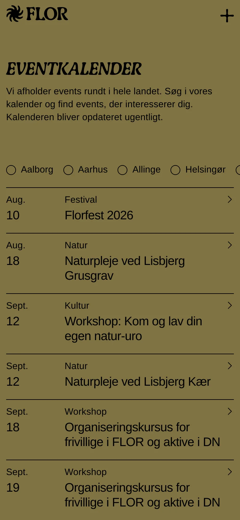 The mobile version uses a single-column vertical layout optimized for small screens. The city filters are presented in a horizontal scrolling row, and the event list transitions from a table to a stacked list format where each event entry is a full-width row with a chevron icon for navigation.