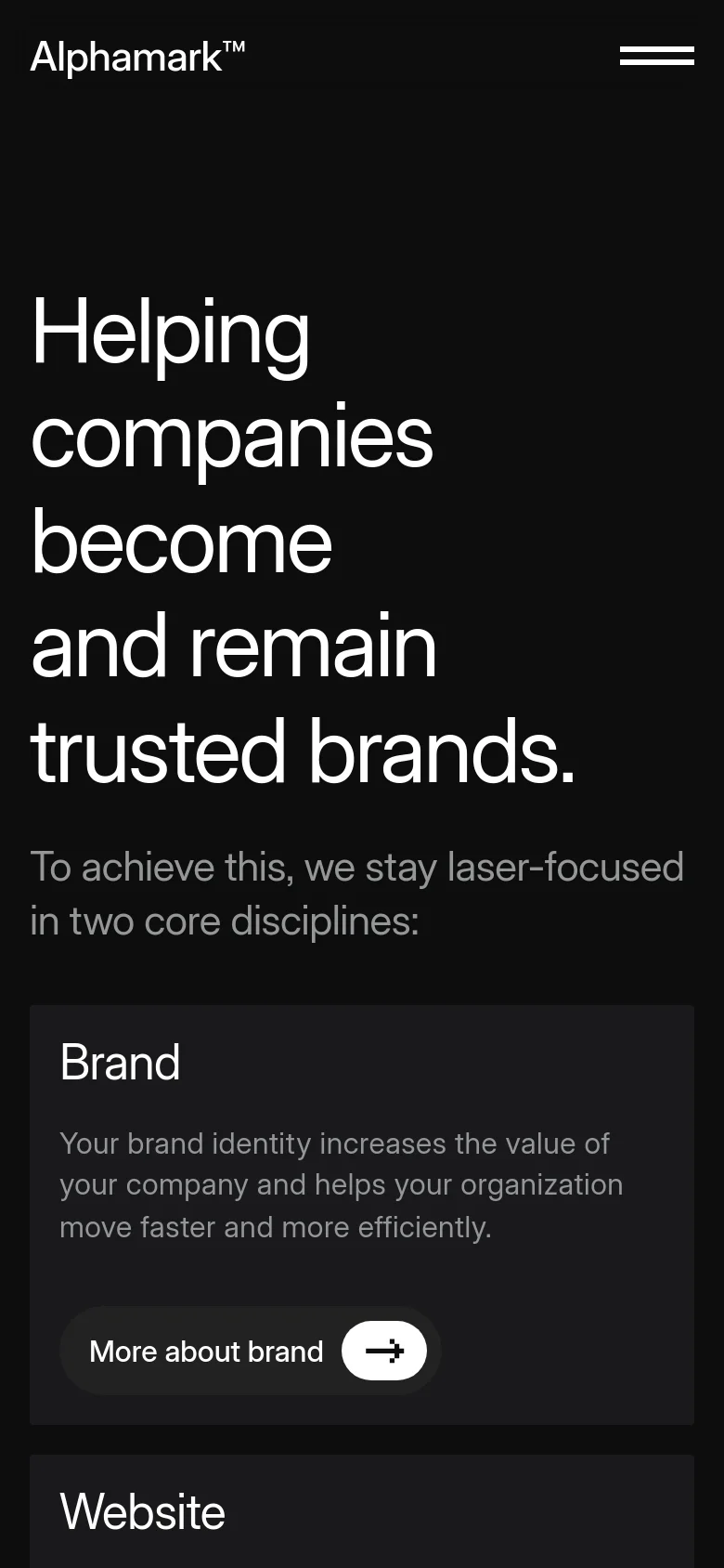 The mobile version uses a single-column vertical layout on a dark background. The large hero headline is stacked vertically, and the service cards for 'Brand' and 'Website' are arranged one after another rather than side-by-side to fit the narrow screen.