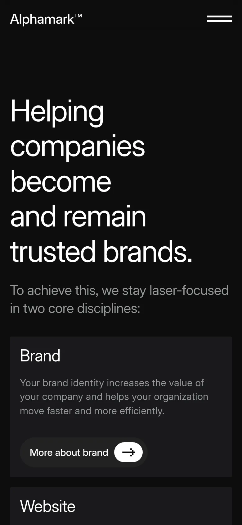 The mobile version uses a single-column vertical layout on a dark background. The large hero headline is stacked vertically, and the service cards for 'Brand' and 'Website' are arranged one after another rather than side-by-side to fit the narrow screen.