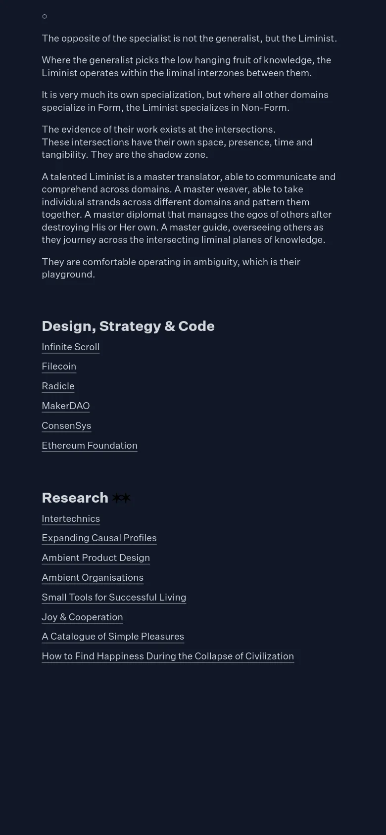 The mobile version maintains the dark navy theme and white text but uses a single-column vertical layout. The text is reflowed for a narrow screen, and the list items are stacked vertically for easier scrolling.