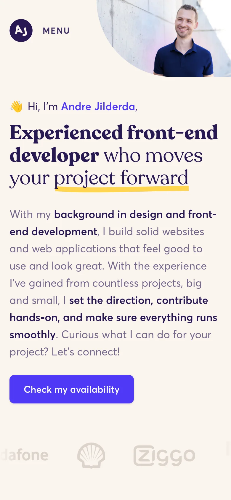 Mobile version of the homepage with a single-column layout and a light cream background. The headline 'Experienced front-end developer who moves your project forward' is prominent at the top, followed by introductory text and a large blue 'Check my availability' button. The hero image of the man is repositioned at the bottom, and the navigation is condensed into a 'MENU' button with an icon.