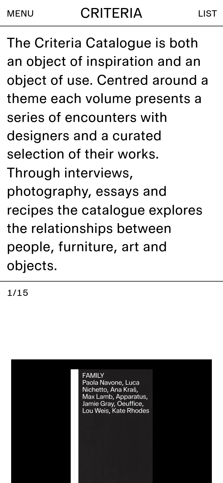 The mobile version presents a vertically stacked layout with the introductory text appearing first in a large, readable font. Below the text, a simplified image slider shows a single catalogue spread, and the top navigation is condensed to 'MENU', 'CRITERIA', and 'LIST'.