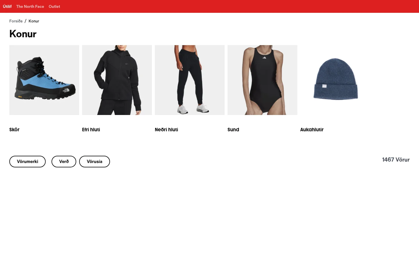 The desktop page for 'Konur' (Women) features a clean white background with a red header. A large heading is followed by five category image tiles: Skór (shoes), Efri hluti (tops), Neðri hluti (bottoms), Sund (swimwear), and Aukahlutir (accessories). Below the categories, filter buttons for Brand, Price, and Product Filter are displayed alongside a product grid showing Nike and Adidas items.