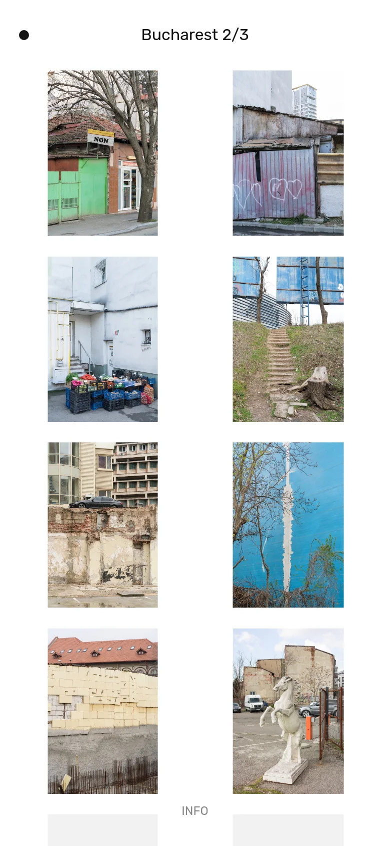 The mobile version simplifies the layout into a single-column vertical scroll. The navigation is condensed, and the urban photographs are stacked one after another to fit the narrow screen width. The large grid from the desktop view is replaced by a continuous vertical feed of images.