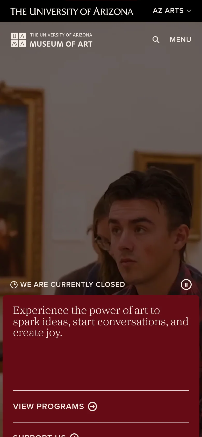 University of Arizona Museum of Art mobile homepage with a vertically stacked layout. The hero section displays a large sculpture image with a centered status message, followed by a burgundy content block where text and navigation links are reflowed into a single column.
