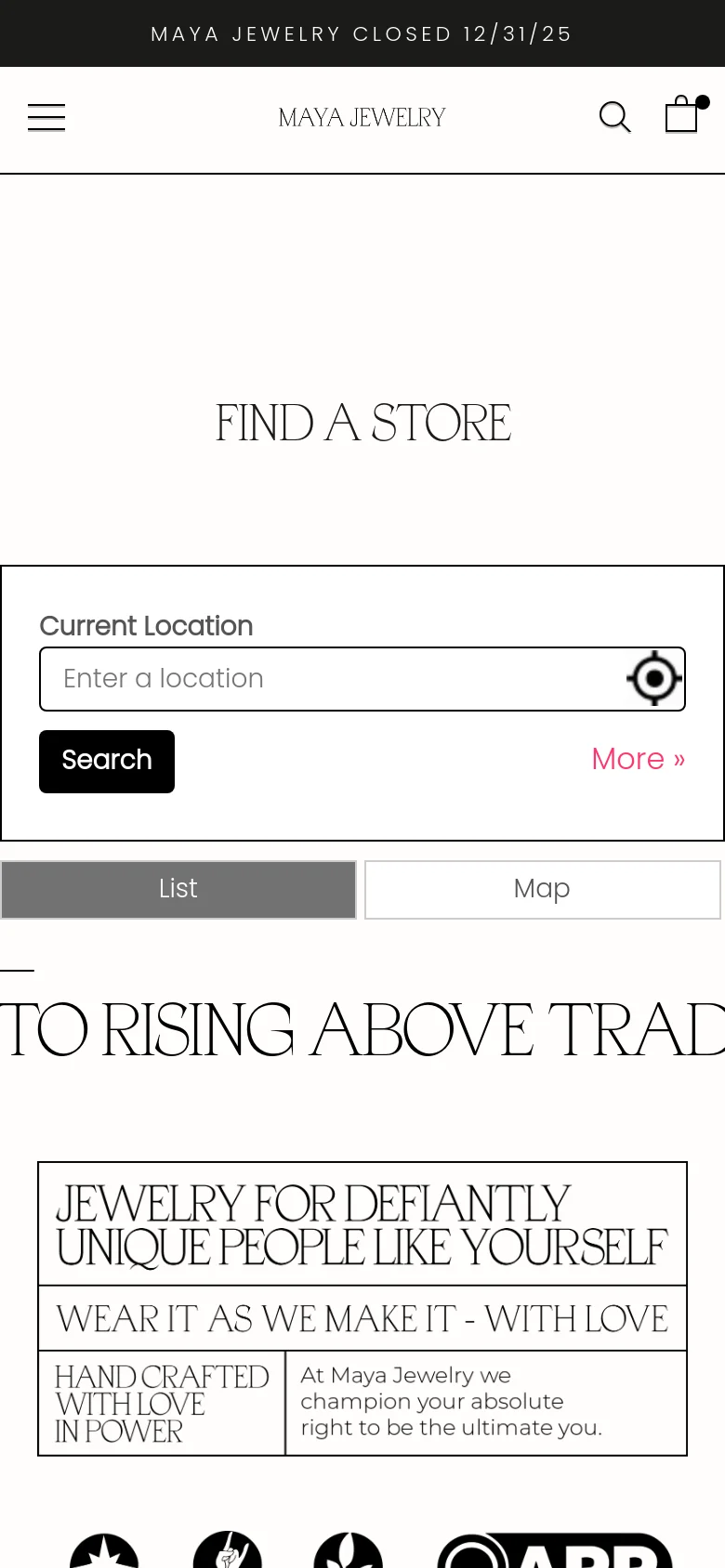 The mobile version presents a simplified layout with a hamburger menu and a search icon at the top. The 'Find a Store' headline is centered, followed by a compact search box for location and a black 'Search' button. Below the search area, two large buttons for 'List' and 'Map' allow users to toggle views.