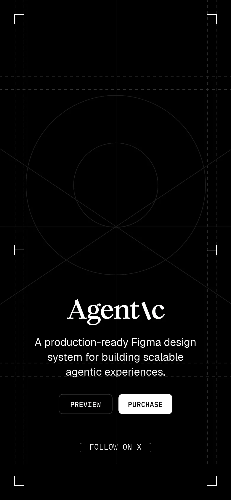 The mobile version presents a vertically stacked layout on a dark background with a large circular geometric graphic. The 'Agentic' headline and description are centered, followed by prominent 'PREVIEW' and 'PURCHASE' buttons. The 'FOLLOW ON X' link is moved to the bottom of the screen, and the top navigation links are removed to prioritize the central content.