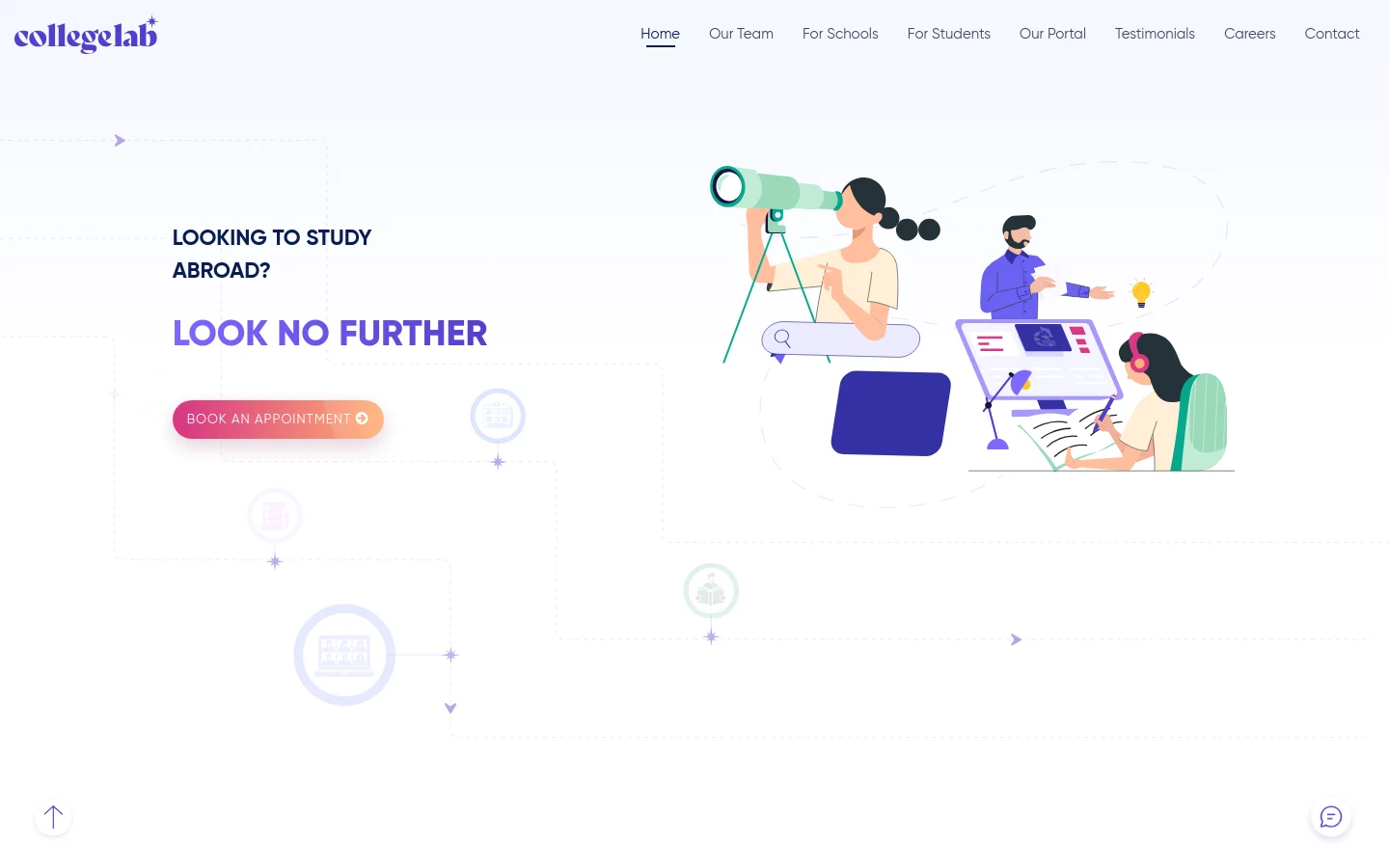 The desktop homepage features a clean, white background with a navigation menu at the top. The hero section contains the headline 'LOOKING TO STUDY ABROAD? LOOK NO FURTHER' next to a pink 'BOOK AN APPOINTMENT' button and a large illustration of students studying and using a telescope. Below, a services section uses a grid layout to describe offerings for schools and students with colorful abstract graphics.