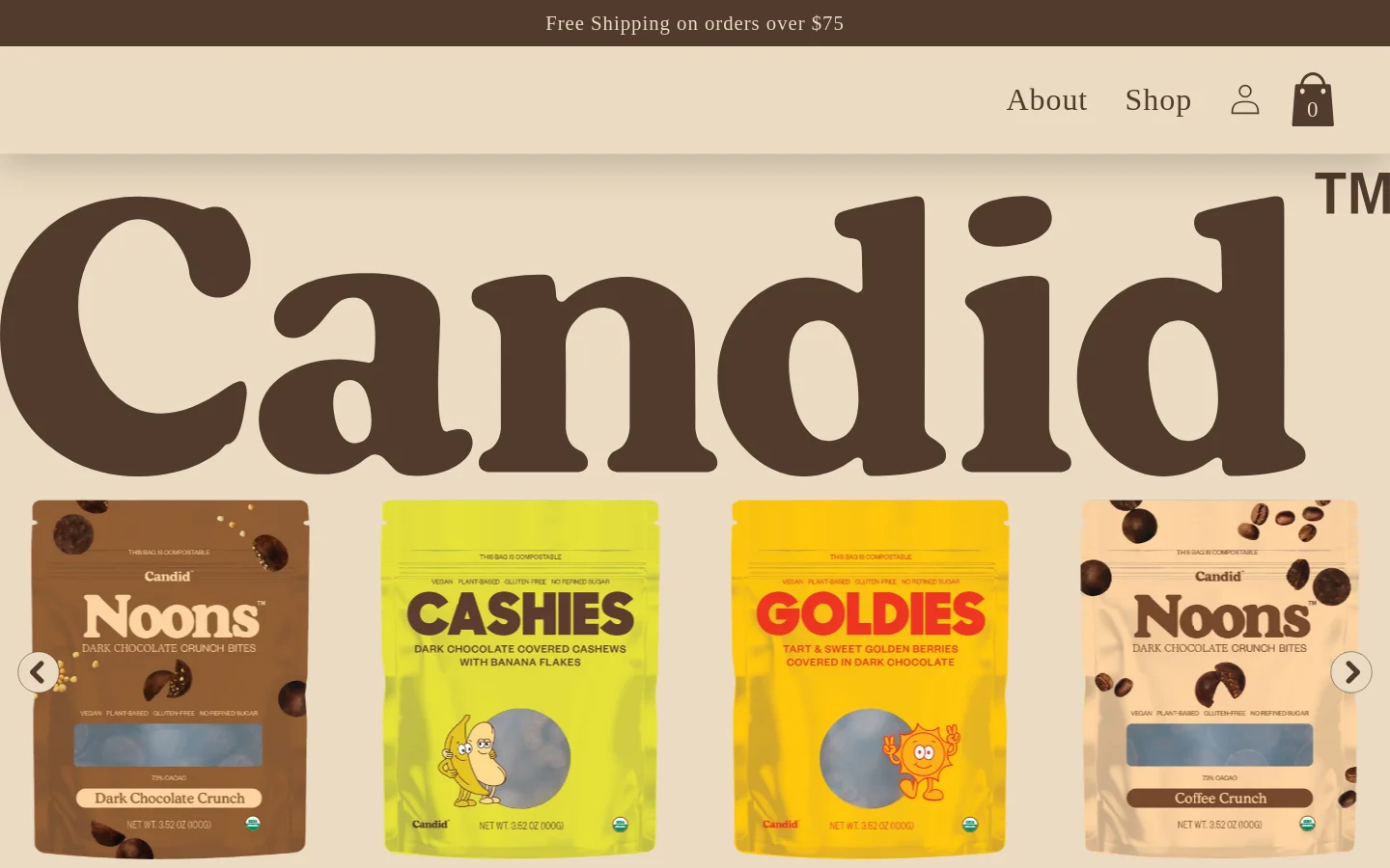 The desktop homepage features a large, dark brown 'Candid' logo against a cream background. Below the logo, a horizontal carousel displays various colorful chocolate snack pouches like Noons, Cashies, and Goldies. A top navigation bar includes links for About and Shop, alongside user and shopping bag icons.