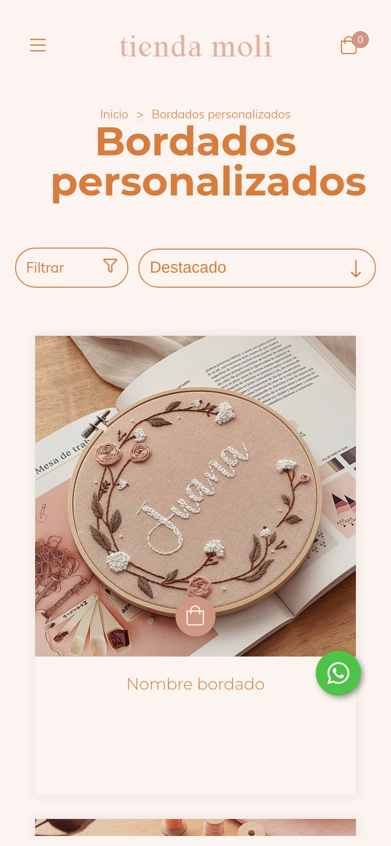 Mobile view of the 'Bordados personalizados' page, showing a simplified layout with a centered logo and a hamburger menu icon. The large terracotta headline is followed by filter and sorting buttons, with a single large product card for 'Nombre bordado' visible below. A floating green WhatsApp icon is positioned in the bottom right corner.