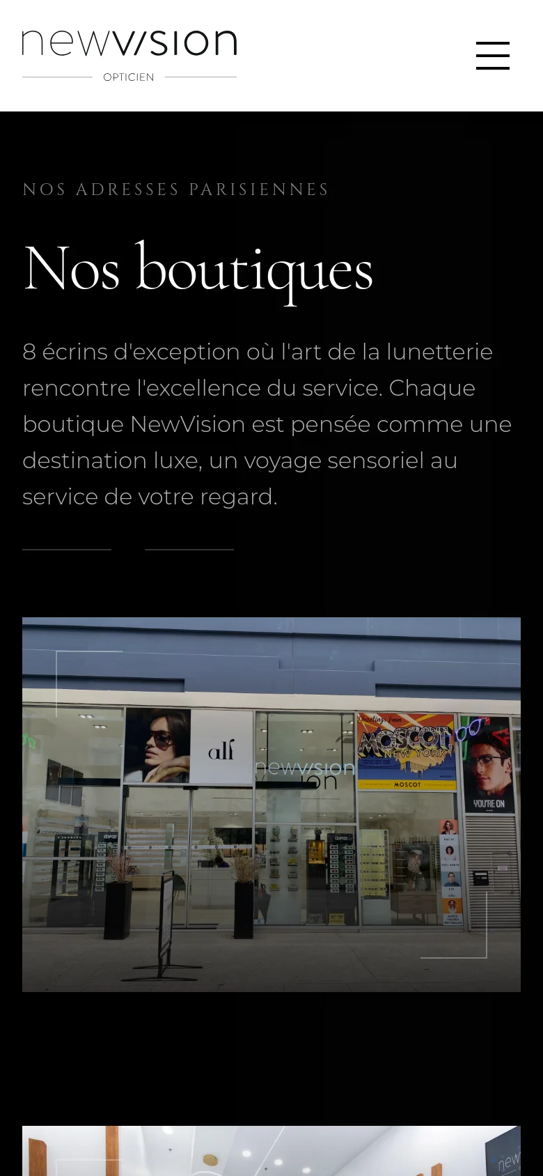 The mobile version maintains the dark, elegant aesthetic but uses a simplified layout. The navigation menu is collapsed into a hamburger icon at the top right, and the content is stacked vertically to fit the narrow screen, ensuring the large headlines and boutique information remain legible.
