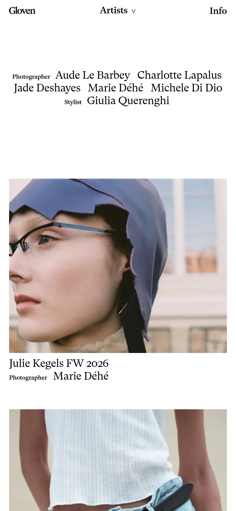 The mobile version presents a single-column vertical scroll of the large editorial images, prioritizing a full-width visual experience. The navigation is simplified, and the text credits for each artist are positioned directly beneath their respective images to maintain readability on a smaller screen.