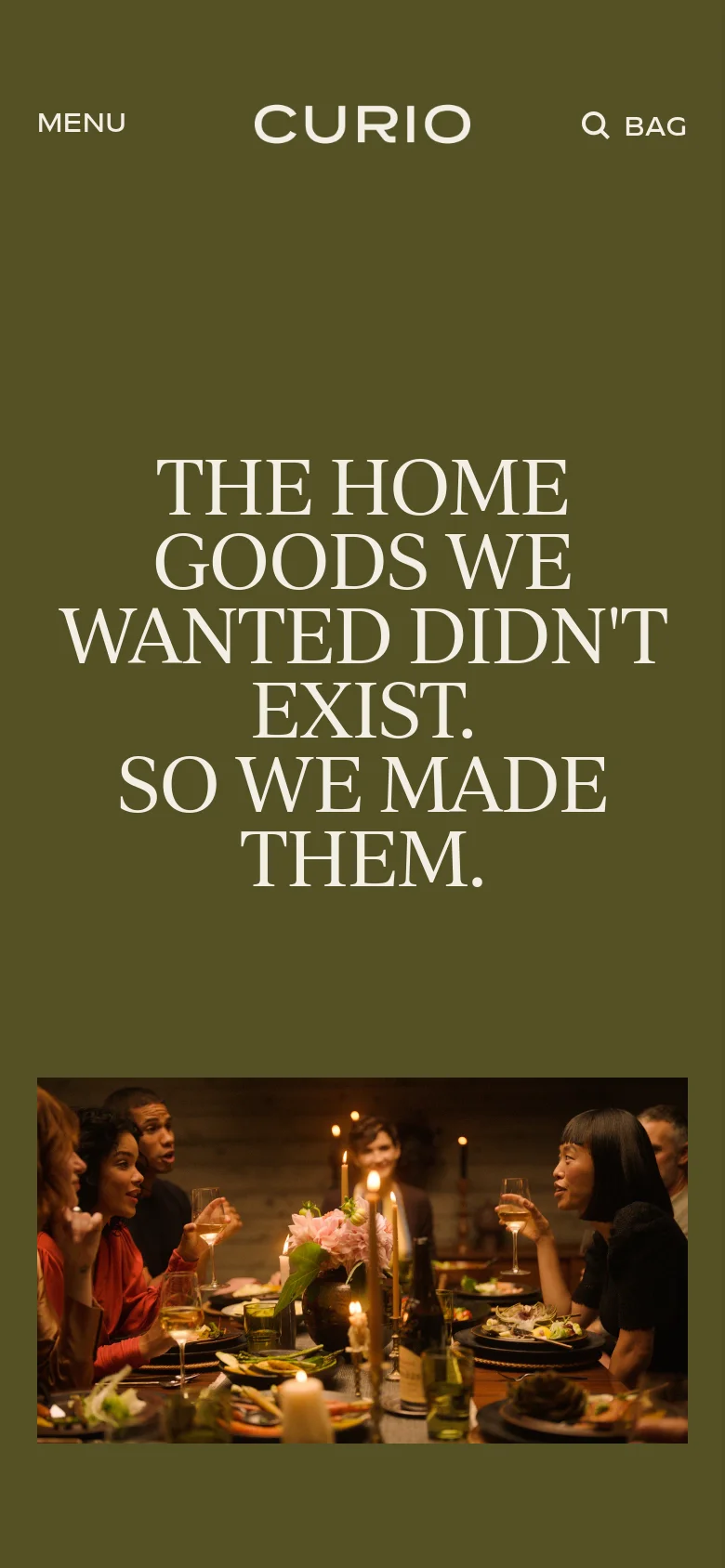 The mobile version maintains the olive green background and large white serif headline but uses a simplified header. The Curio logo is centered, with 'MENU' on the left and 'SEARCH' and 'BAG' icons/text on the right, optimized for a narrower vertical viewport.