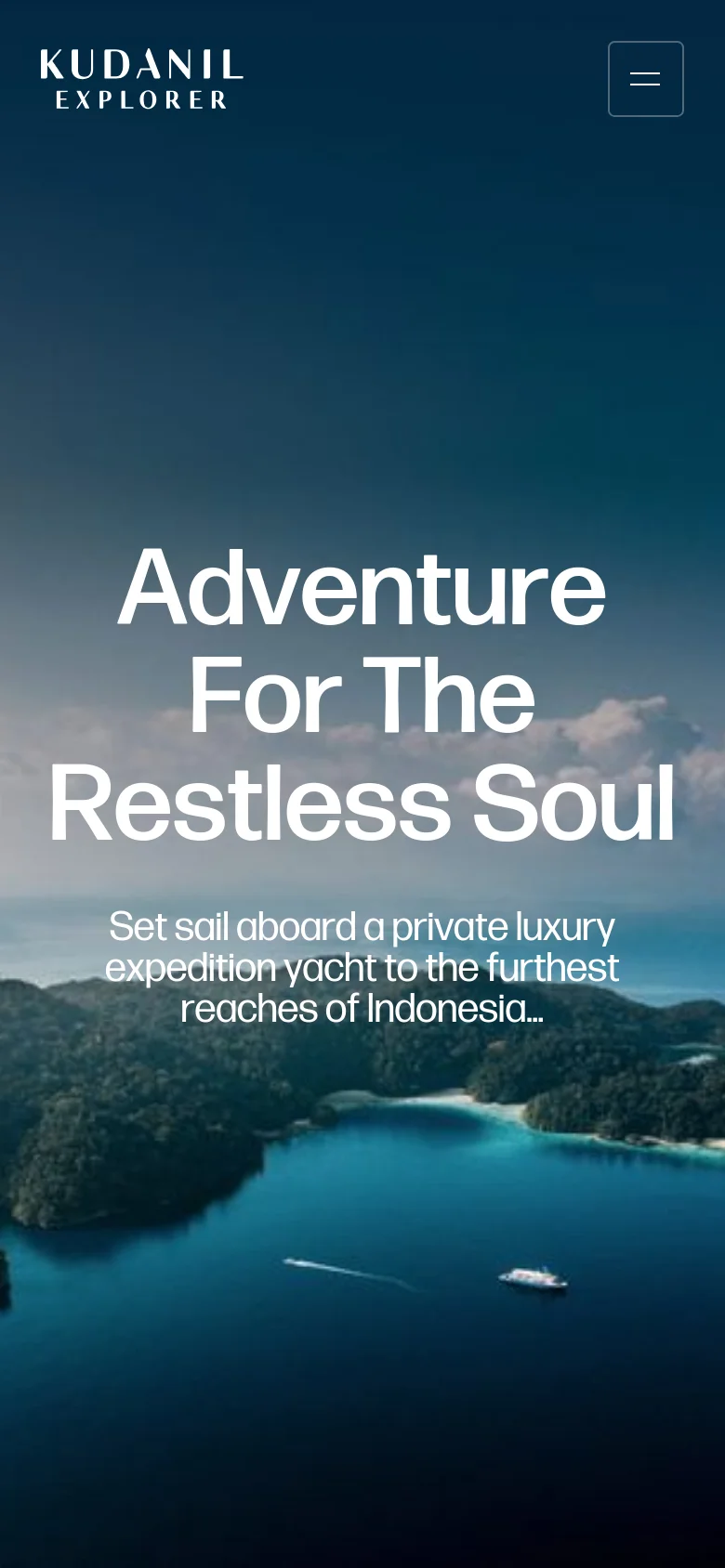 The mobile version presents a vertically oriented view of the tropical island hero image with the headline 'Adventure For The Restless Soul' centered prominently. The top navigation is condensed into a minimalist hamburger menu icon in the upper right corner, while the desktop's horizontal menu is hidden.