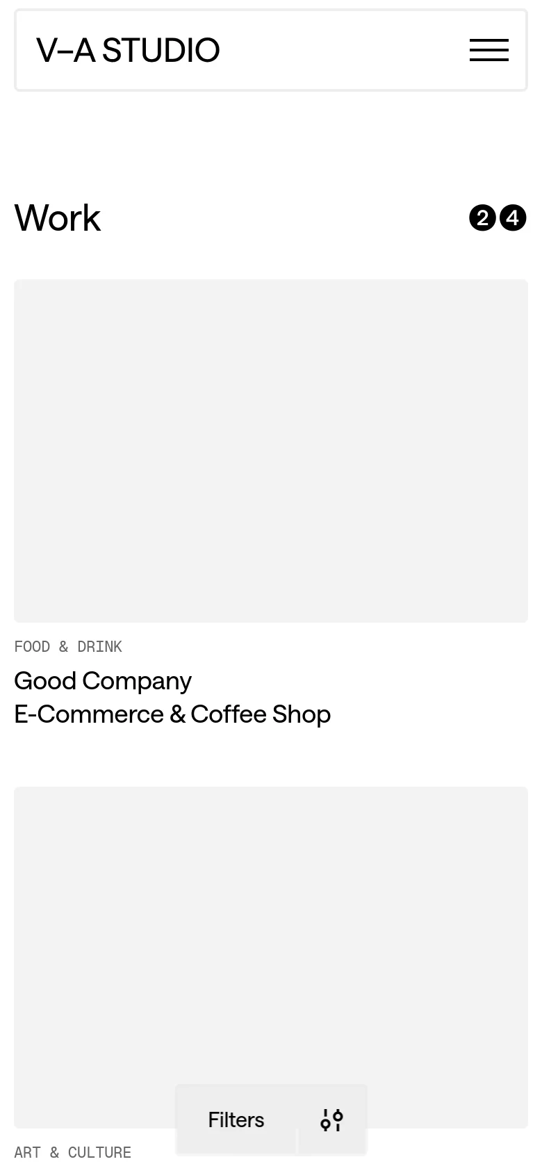 The mobile version presents a simplified vertical layout with the 'V-A STUDIO' logo and a hamburger menu icon at the top. The 'Work' headline and '2 4' indicator remain, followed by large, full-width project tiles stacked vertically. A floating 'Filters' button is centered at the bottom of the viewport.