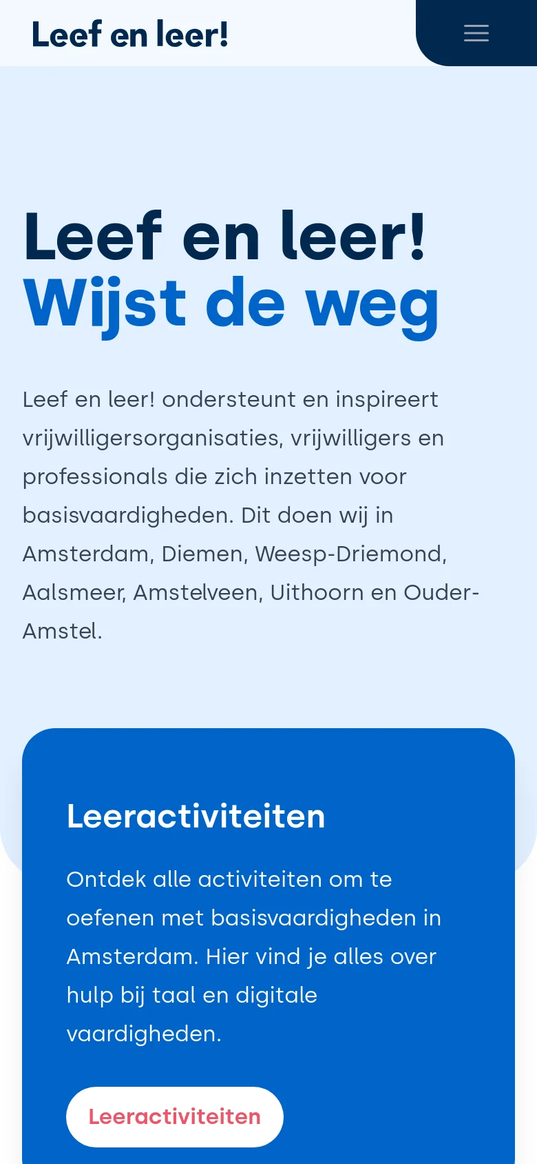 Leef en leer! Home / Landing mobile website screenshot