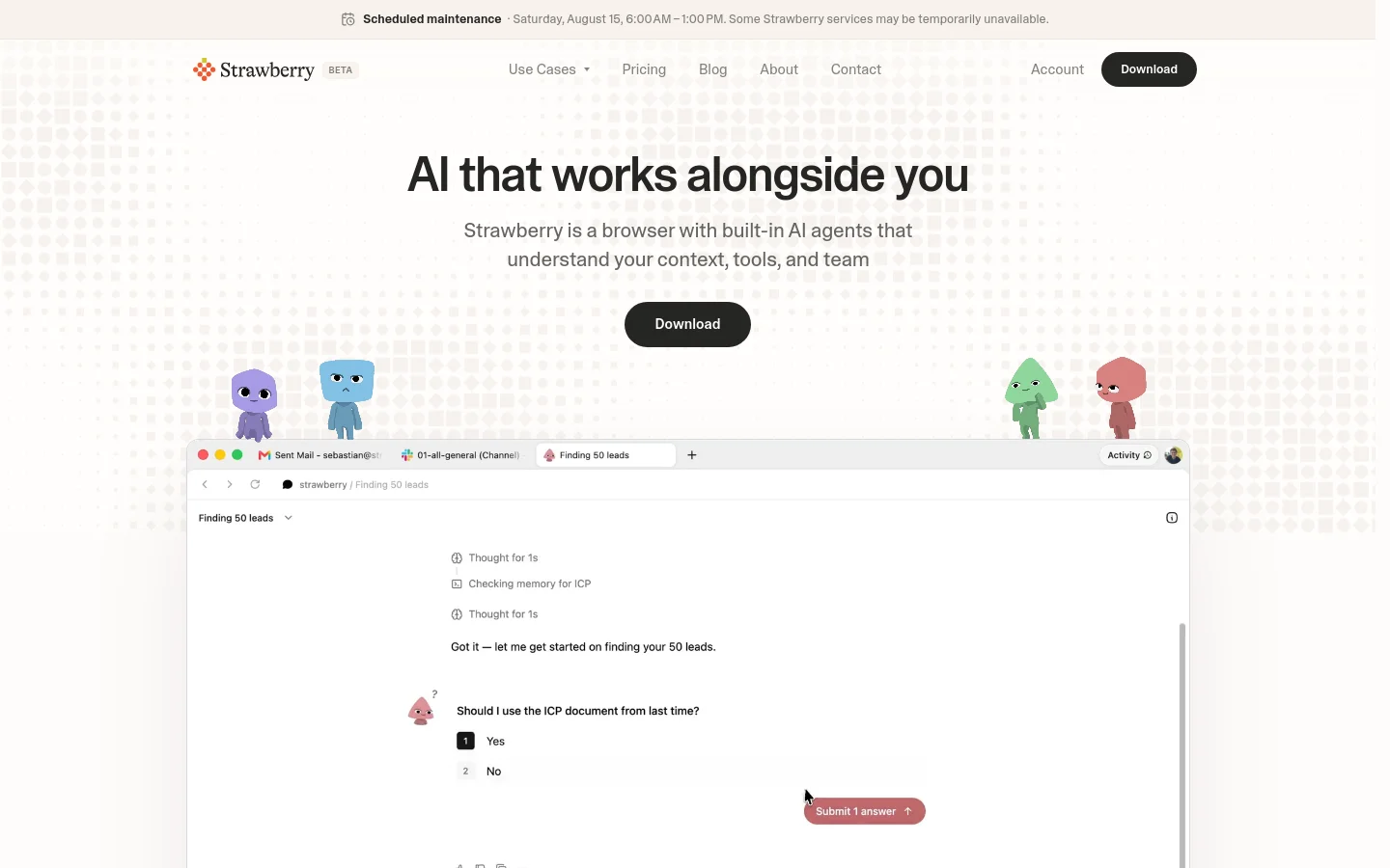The desktop homepage features a clean, minimalist design with a light grey dot-grid background. A large headline reads 'AI that works alongside you' above a 'Download' button, followed by a large screenshot of the Strawberry browser interface showing an AI chat interaction. The navigation bar at the top includes links for Use Cases, Pricing, Blog, About, Contact, and Account.