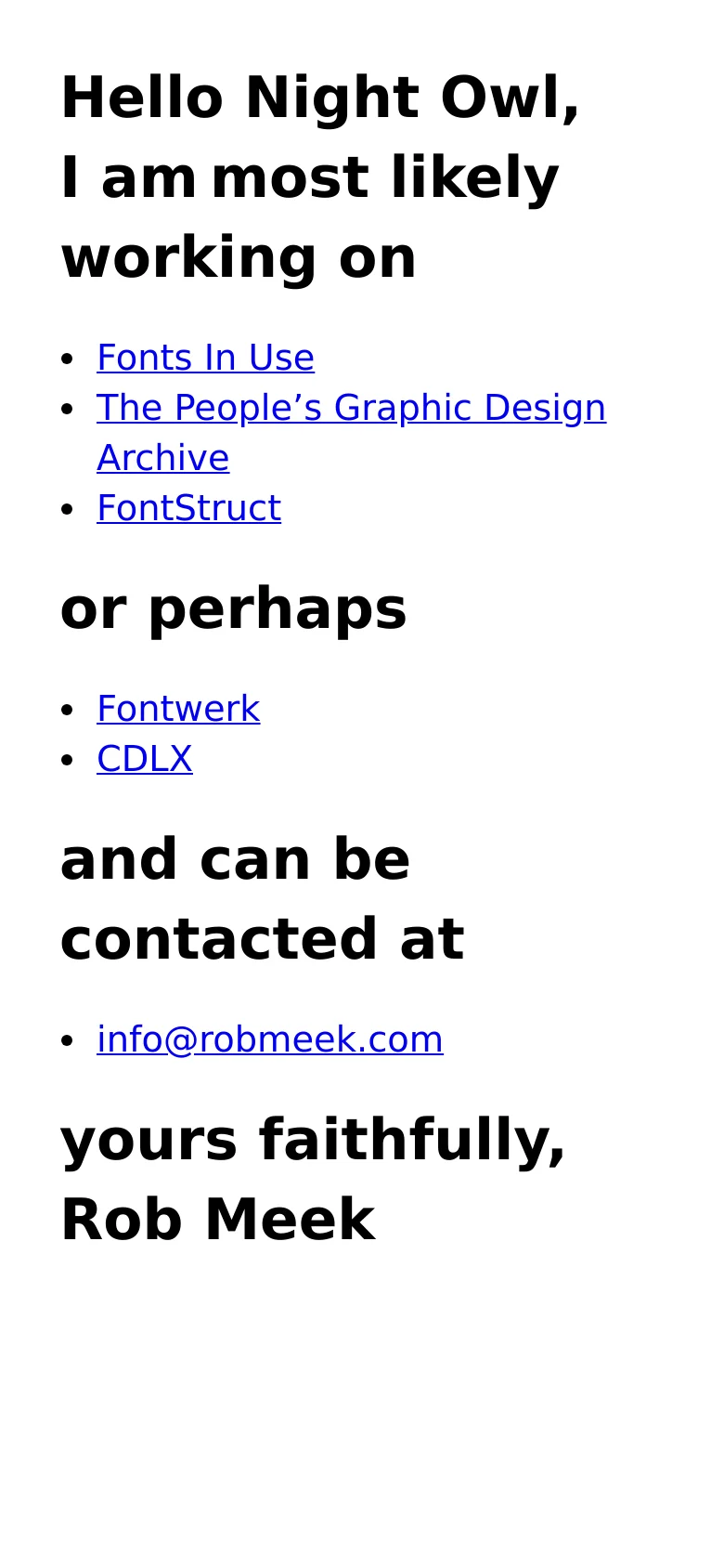 The mobile version maintains the minimalist white and black aesthetic but features a single-column layout with significantly larger, bolded typography. The text is centered and scaled up to fill the narrow screen width, emphasizing the headings and list items.