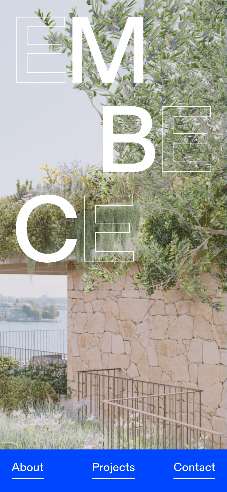 The mobile version displays the same hero imagery of a stone structure and greenery, but the large 'EMBECE' logo is stacked vertically to fit the narrow screen. The navigation is condensed into a bright blue bar at the bottom of the screen with 'About', 'Projects', and 'Contact' links.
