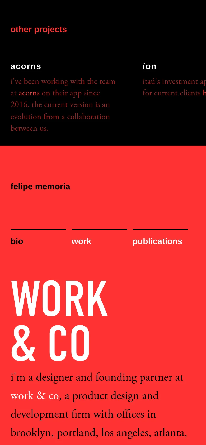 The mobile version maintains the black background and white text but transitions to a single-column vertical layout. The project grid is stacked, making the text and descriptions easier to read on a narrow screen, while the red 'other projects' header remains prominent at the top.