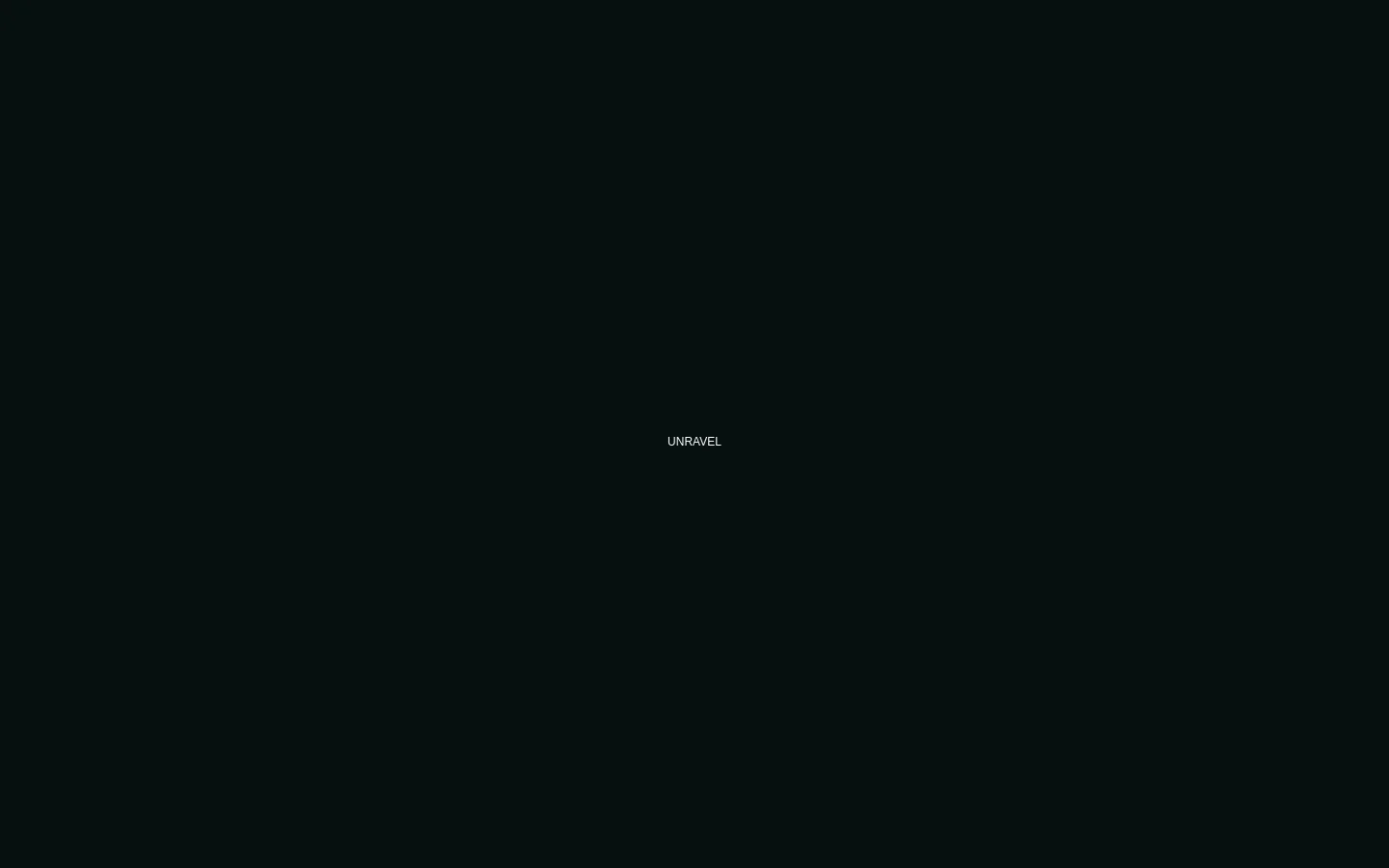 A minimalist dark website with a black background and white text. The center features the word 'UNRAVEL' in small font, followed by a large, bold headline that reads 'NON SPIRITUAL MATTER'.