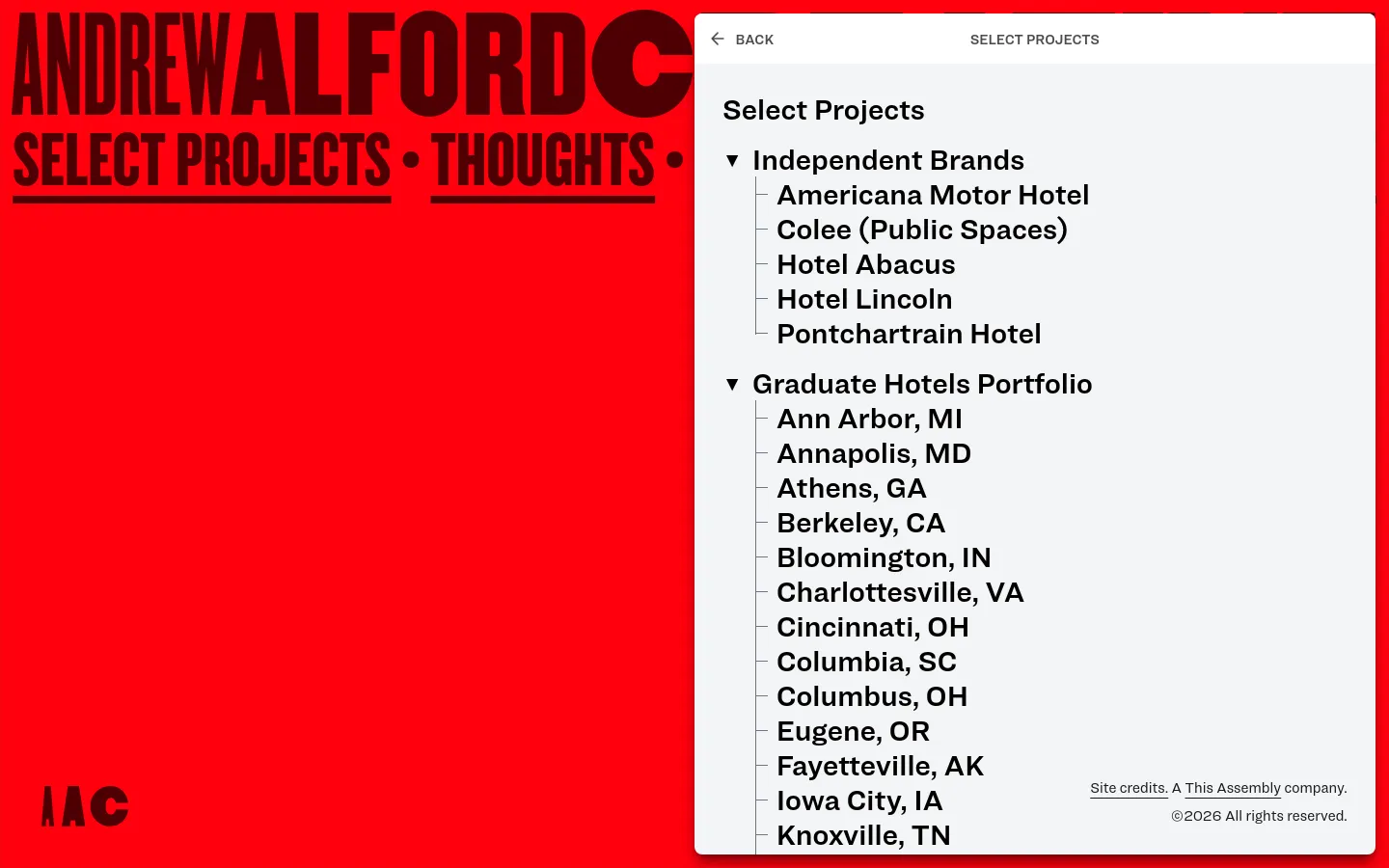 The desktop view features a split-screen layout with a large red block on the left containing the bold black text 'ANDREW ALFORD CREATIVE' and 'SELECT PROJECTS • THOUGHTS'. The right side is a light gray area displaying a hierarchical list of projects categorized under 'Independent Brands' and 'Graduate Hotels Portfolio'.