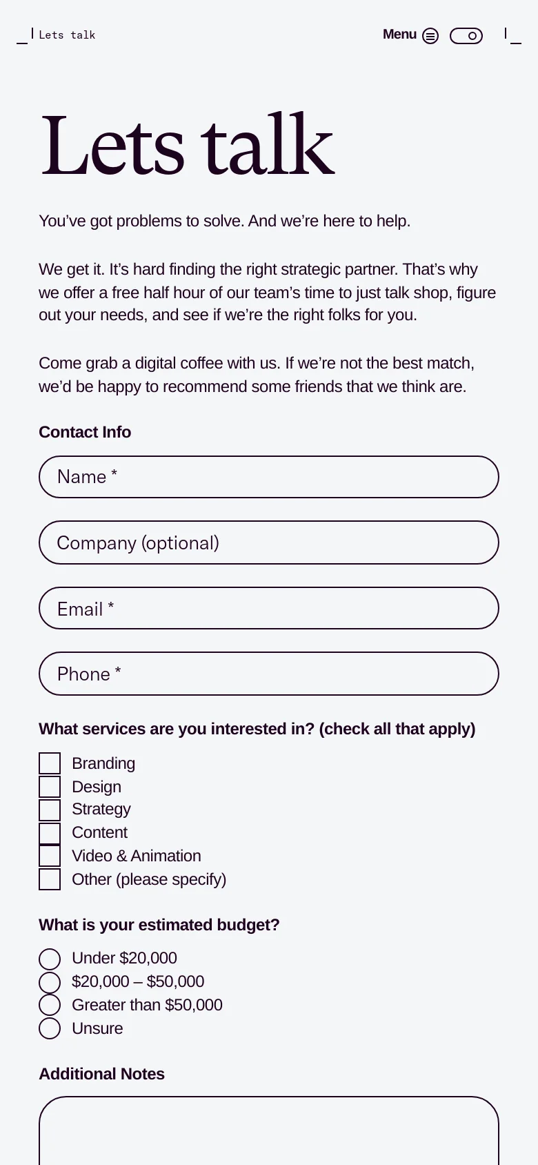 The mobile version maintains the minimalist white and black theme but uses a stacked layout for better readability. The navigation is condensed into a 'Menu' button with a hamburger icon, and the contact form fields and service checkboxes span the full width of the screen.